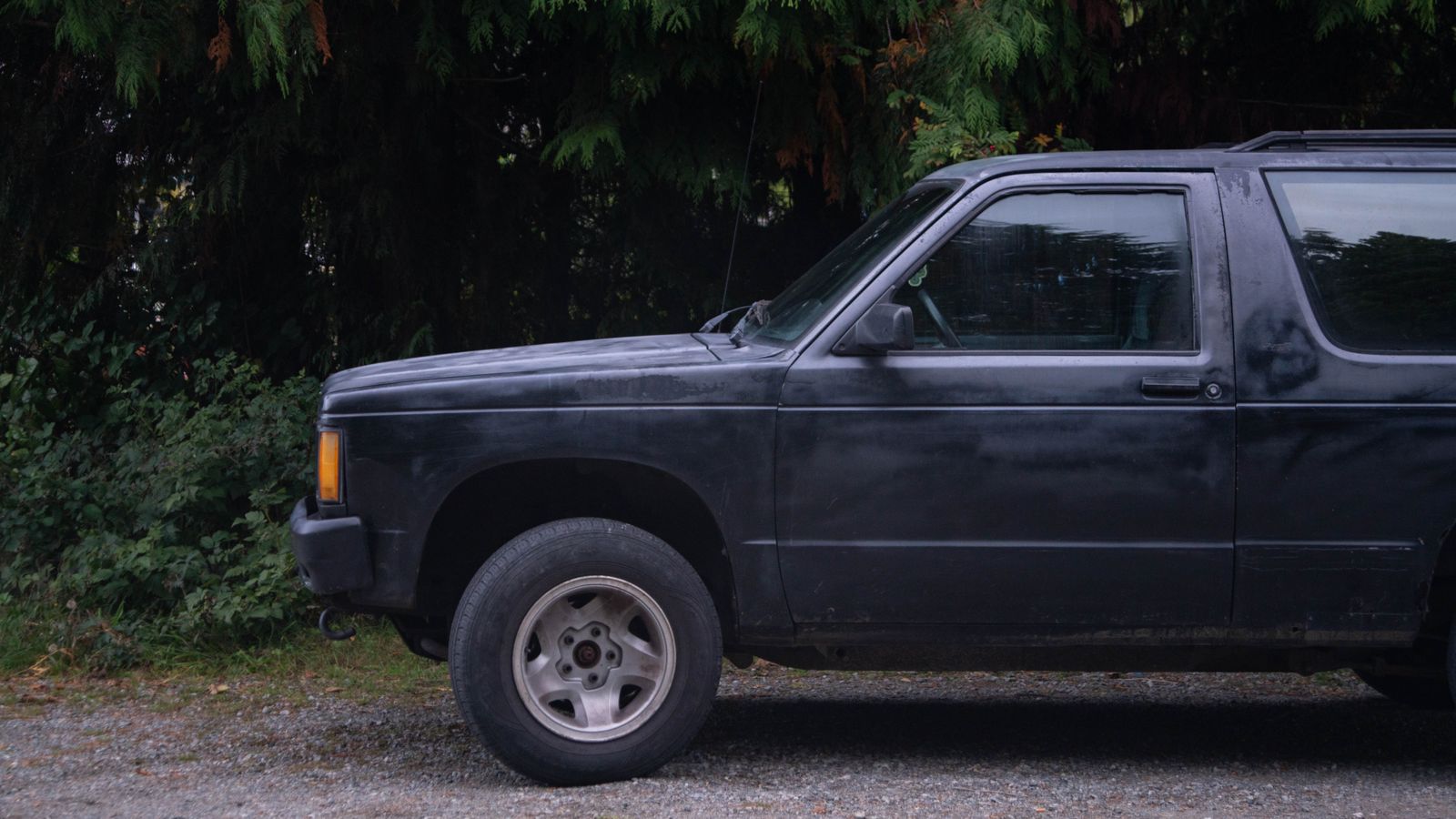 Black SUV parked on a gravel path surrounded by trees